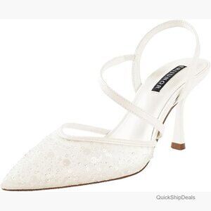 Lace Mesh Slingback Wedding Pumps with Pearl Beading Kitten Heels